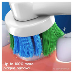 Oral-B Pro battery toothbrush close up showing blue and green bristles removing plaque from tooth and gumline