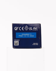 Oral-B Pro battery toothbrush navy blue product box showing CE and recycling symbols and production date label