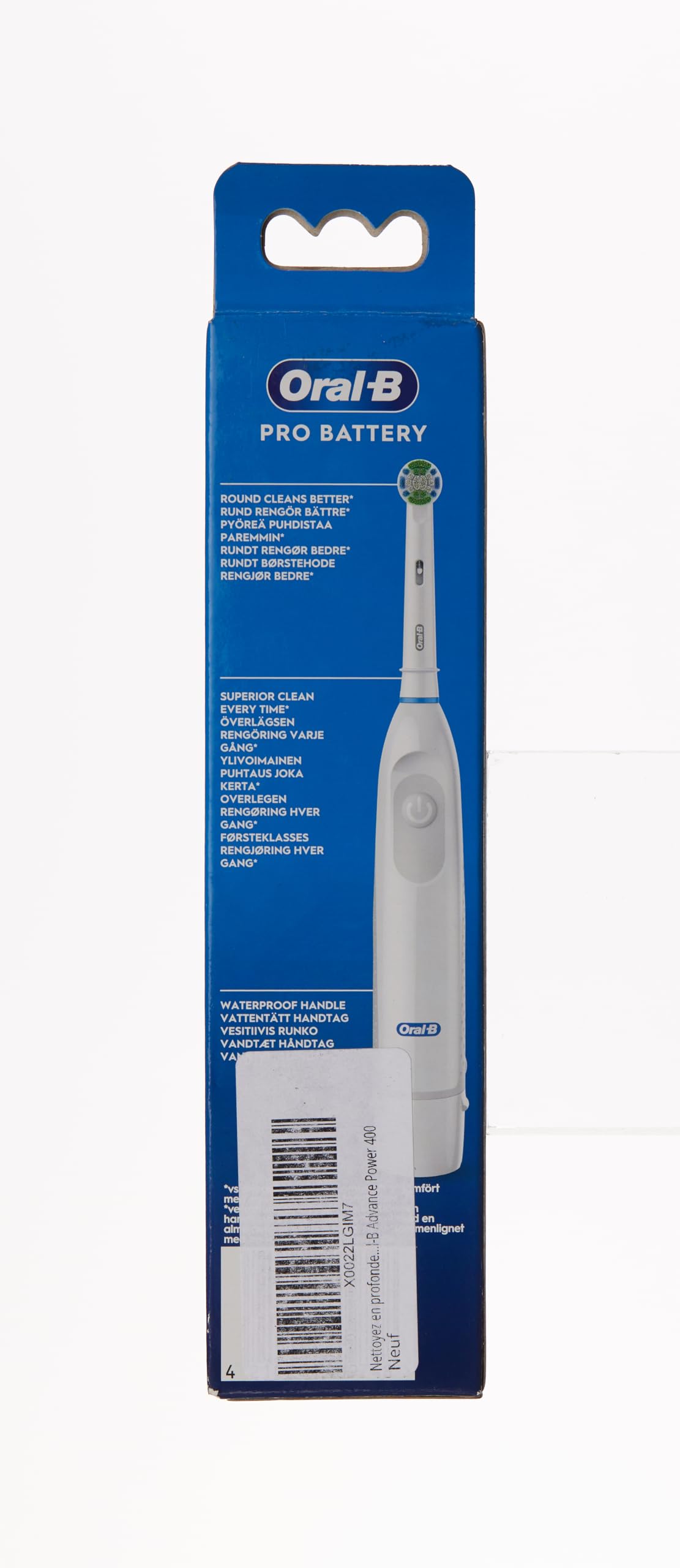 Oral-B Pro battery toothbrush blue retail box showing white electric toothbrush image and product branding