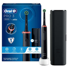 Electric toothbrush with black handle and travel case shown on product box