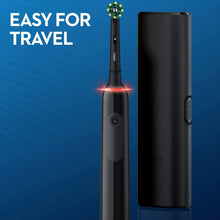 Black electric toothbrush and travel case, side-by-side