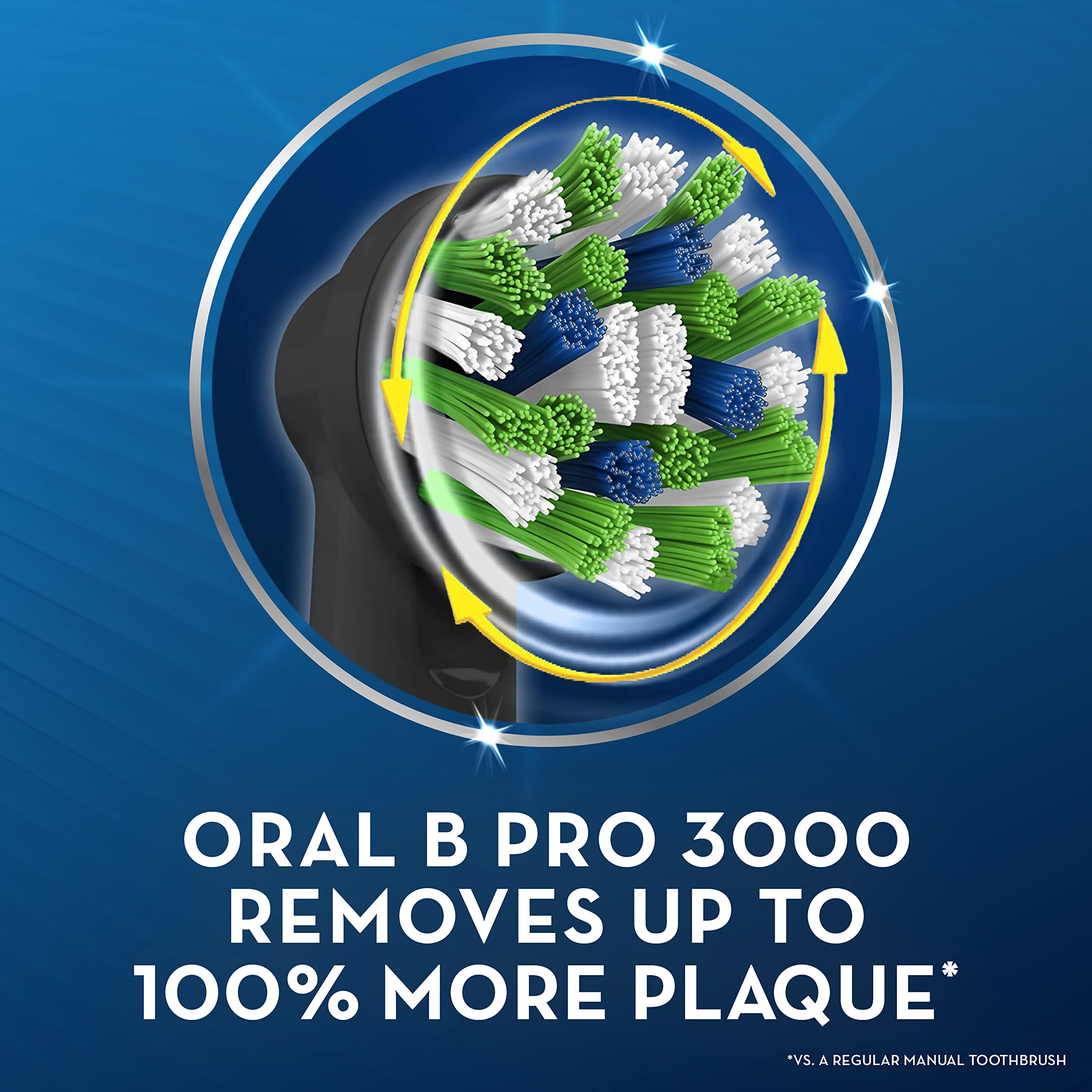 Oral-B Pro Clean 3 3000 electric toothbrush round rotating brush head with blue green bristles removes plaque
