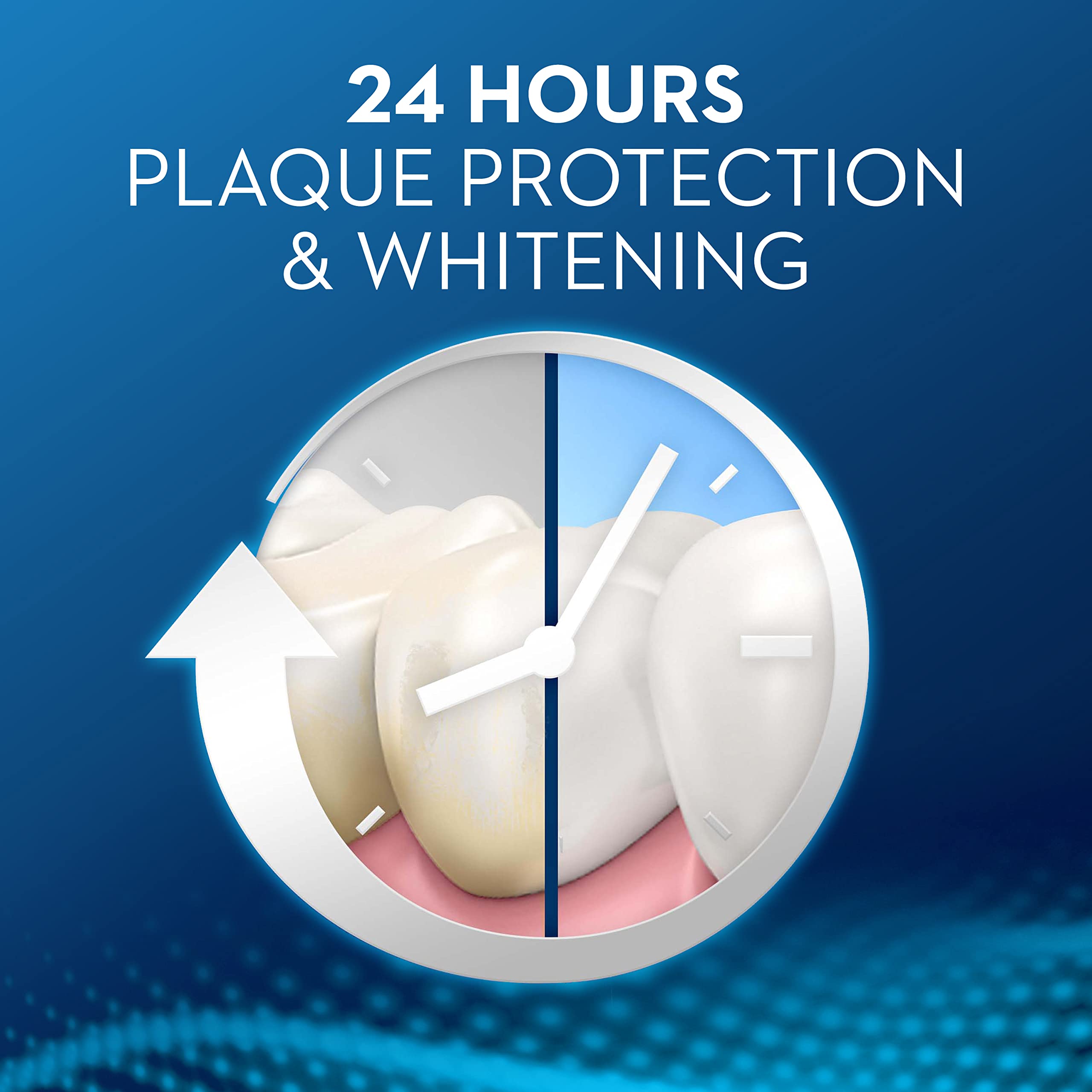 Oral-B Pro-Expert toothpaste graphic showing 24 hours plaque protection and whitening with before and after tooth