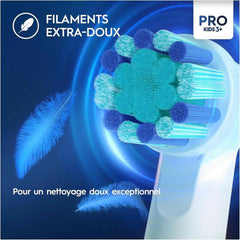Oral-B Pro Kids Spiderman toothbrush heads close up blue and teal round replacement brush head showing extra soft filaments