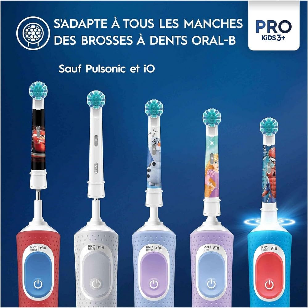 Oral-B Pro Kids Spiderman toothbrush heads displayed on five colorful Oral-B electric toothbrushes with kid character designs