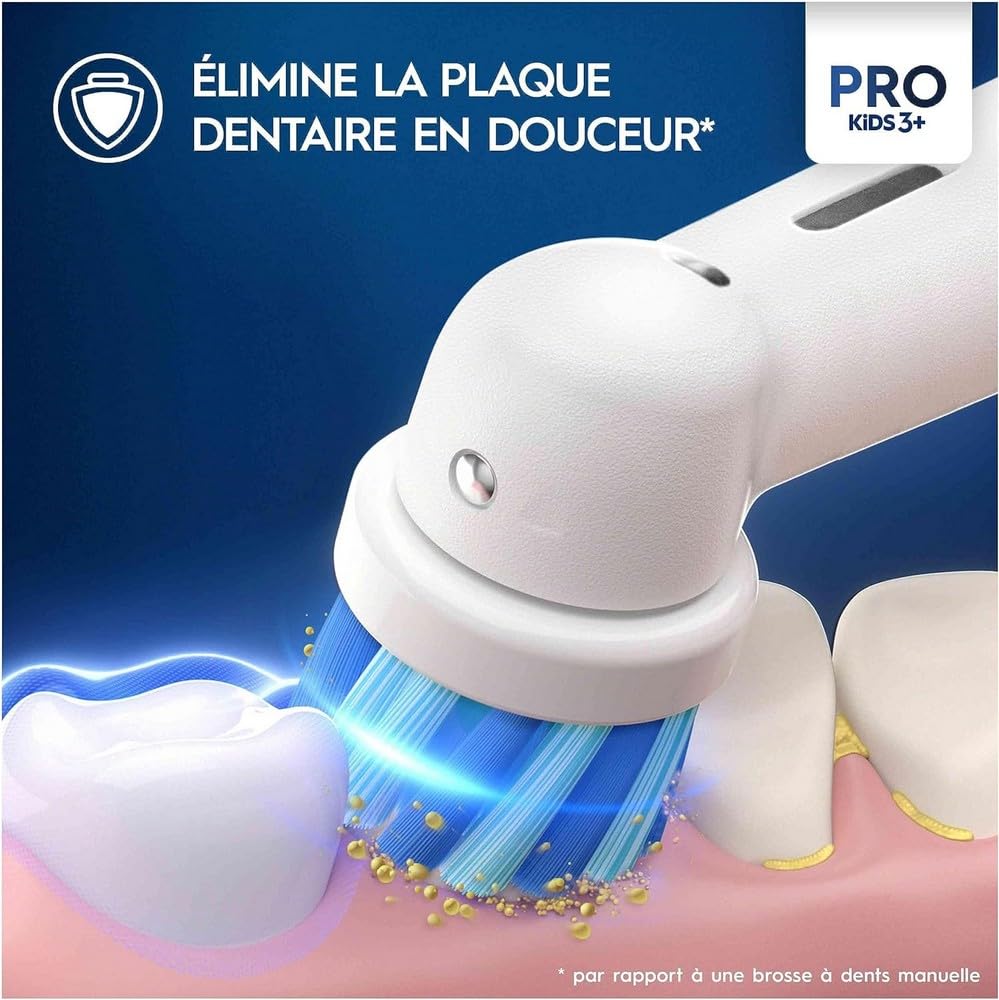 Oral-B Pro Kids Spiderman toothbrush heads close-up of electric brush cleaning a molar with blue bristles removing plaque