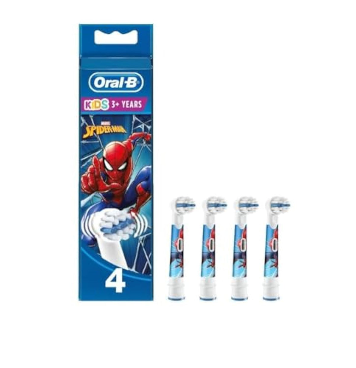 Oral-B Pro Kids Spiderman toothbrush heads pack of 4 replacement brush heads with Spiderman design for kids 3 years and up