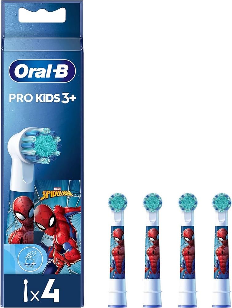 Oral-B Pro Kids Spiderman toothbrush heads pack of 4 replacement heads with Spiderman design for ages 3 and up
