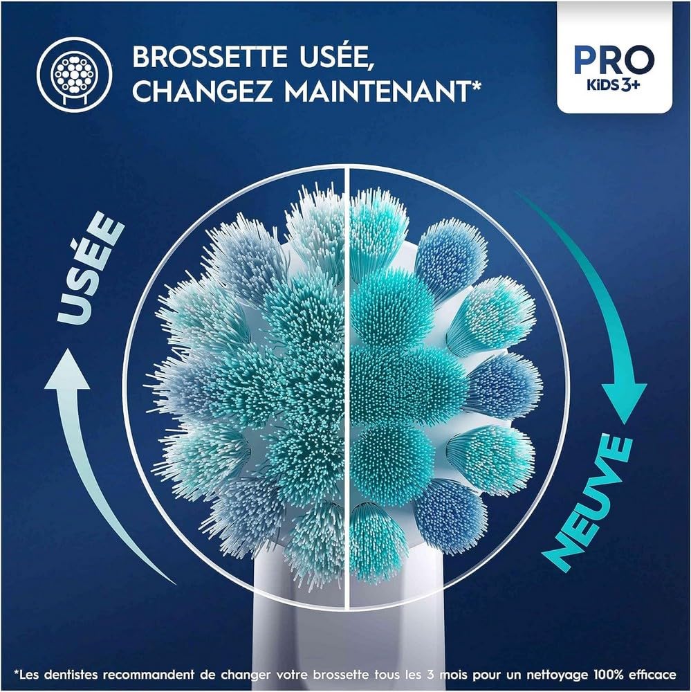 Oral-B Pro Kids Spiderman toothbrush heads close up showing worn versus new bristles with arrows and Pro Kids logo