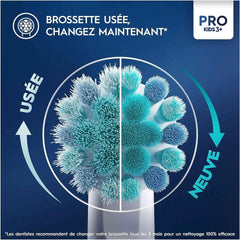Oral-B Pro Kids Spiderman toothbrush heads close up showing worn versus new bristles with arrows and Pro Kids logo