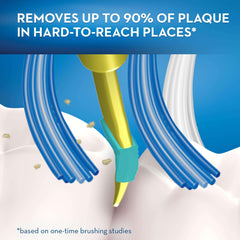 Oral-B ProExport Pulsar toothbrush close up showing blue bristles removing plaque from a tooth in hard to reach areas