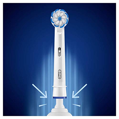 Oral-B sensitive clean toothbrush heads on white electric toothbrush handle showing round blue bristle head and attachment
