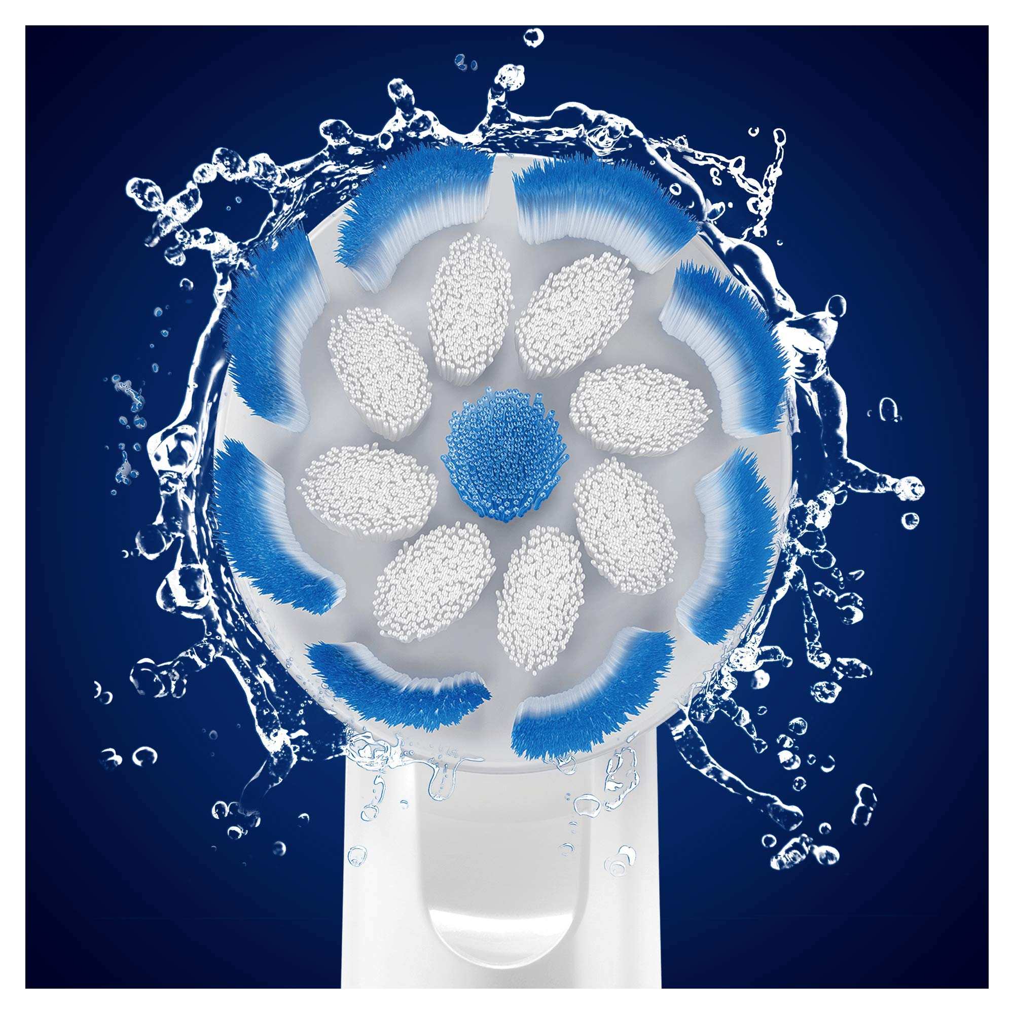 Close up round Oral-B sensitive clean toothbrush heads replacement brush head with blue and white bristles and water splash