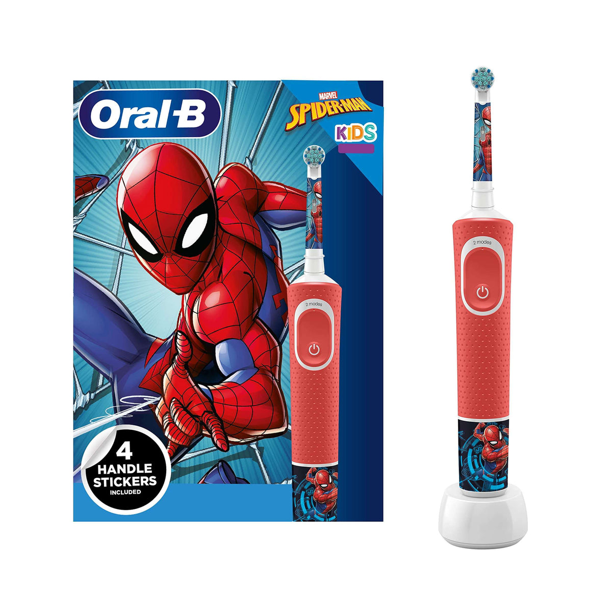 Oral-B Spiderman electric toothbrush for kids. Red Spidey handle with charging base and themed brush head packaging