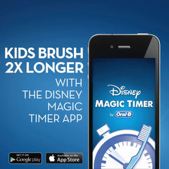 Oral-B Spiderman toothbrush for kids advertising Disney Magic Timer app on smartphone with toothbrush graphic