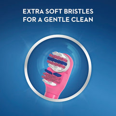 Close up of pink Oral-B Spiderman toothbrush for kids. Extra soft bristles head for gentle cleaning