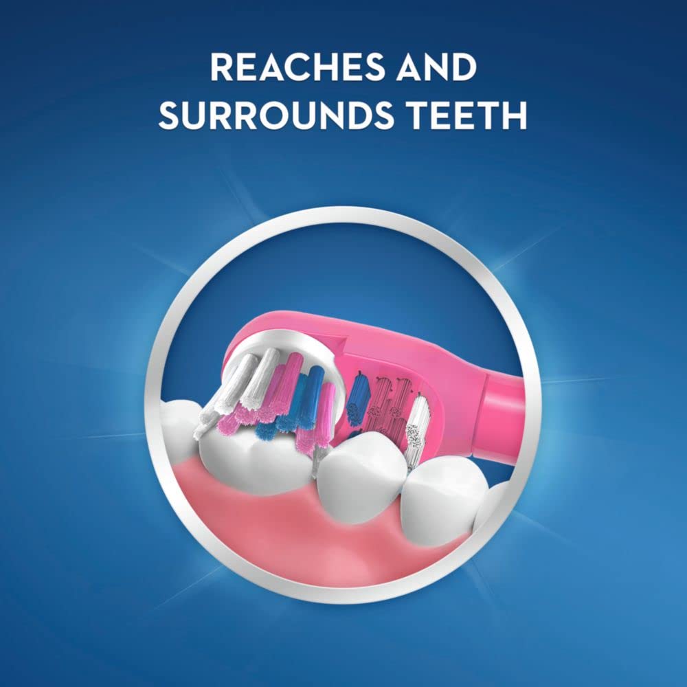 Oral-B Spiderman toothbrush for kids pink brush head demonstrating brushing reaching and surrounding teeth