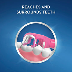 Oral-B Spiderman toothbrush for kids pink brush head demonstrating brushing reaching and surrounding teeth