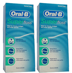 Two blue boxes of Oral B Superfloss dental floss for braces bridges and wide spaces 50 pre cut strands each