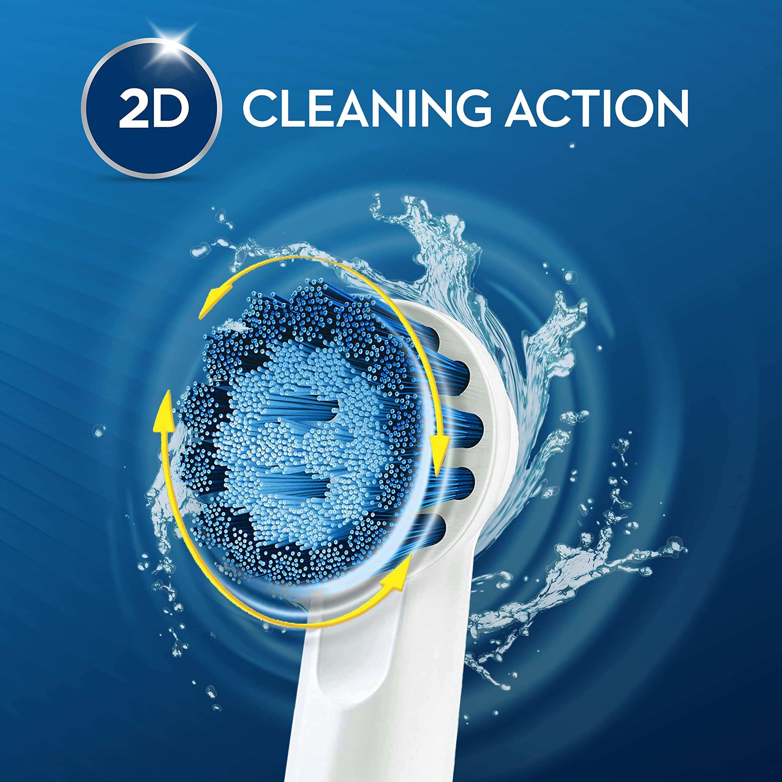 Oral-B Vitality electric toothbrush UAE showing round brush head with blue bristles 2D cleaning action and water splashes