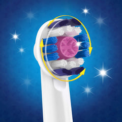 Close up rotating toothbrush head with blue white bristles and polishing cup Oral-B 3D White replacement brush heads for whitening