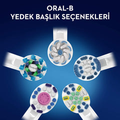 Oral-B 3D White replacement brush heads pack showing five different round electric toothbrush heads on blue background