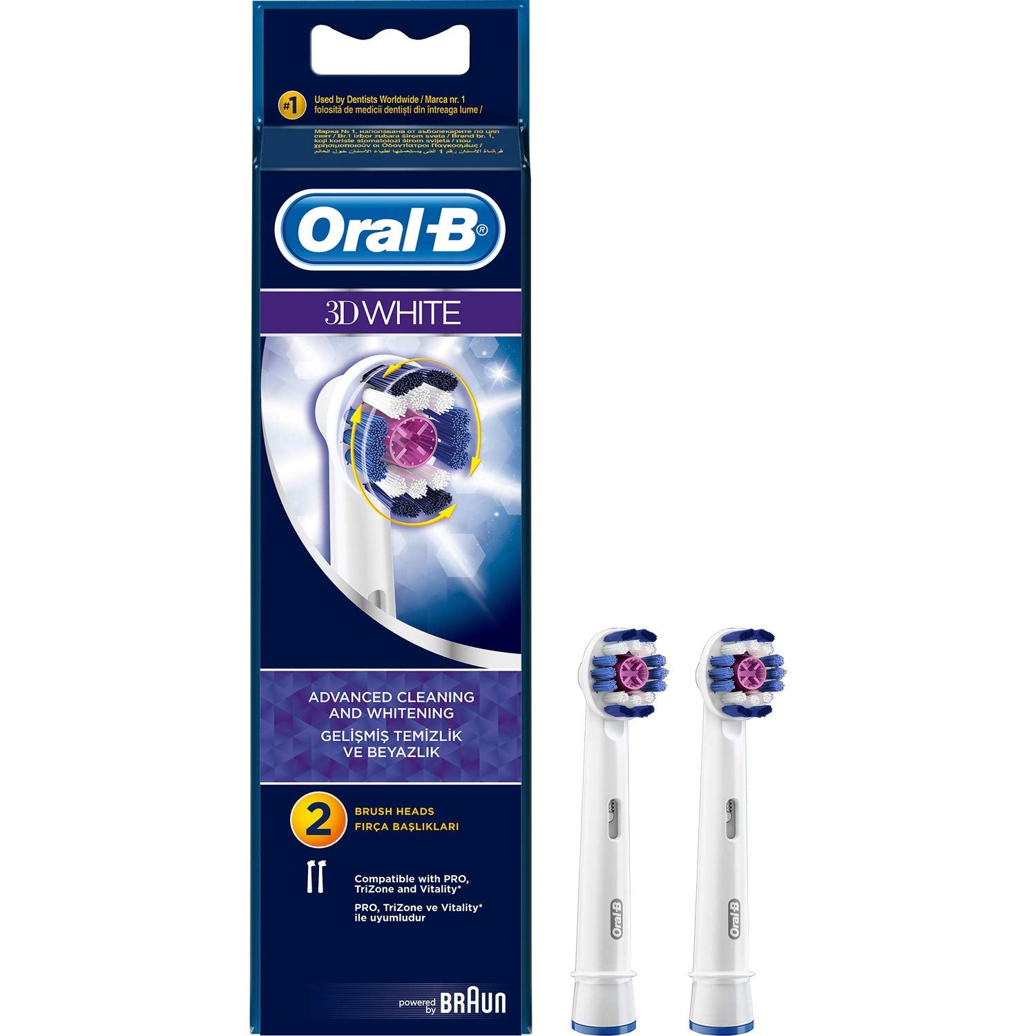 Oral-B 3D White replacement brush heads two pack showing box and two white brush heads