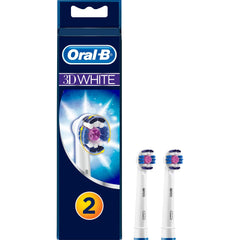 Oral-B 3D White replacement brush heads two pack showing two white toothbrush heads with polishing cup bristles