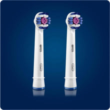 Two Oral-B 3D White replacement brush heads with blue-and-purple bristles