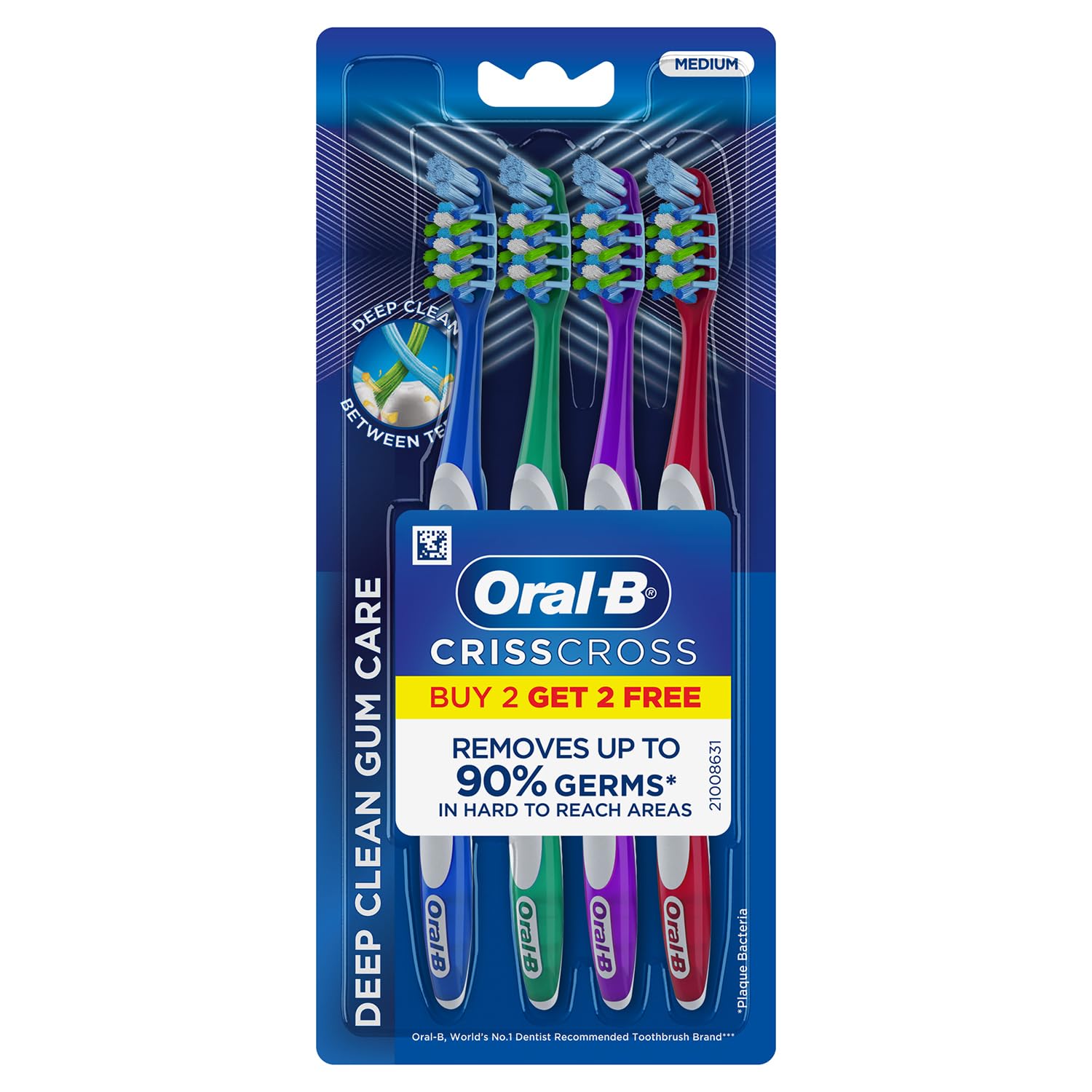 Oral-B CrissCross toothbrush for adults pack of four medium brushes assorted colors in retail blister pack buy 2 get 2 free