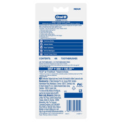 Pack of 4 medium Oral-B CrissCross toothbrush for adults. Back packaging showing features and contents