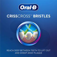 Oral-B CrissCross toothbrush for adults. Blue graphic showing crisscross bristles cleaning between teeth