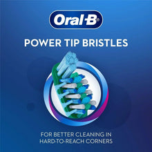 Oral-B Power Tip bristles detail on a multicolor-handled manual toothbrush