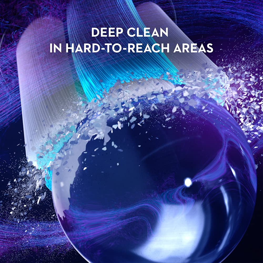Oral-B iO replacement brush heads close up showing blue bristles scrubbing a tooth for deep clean