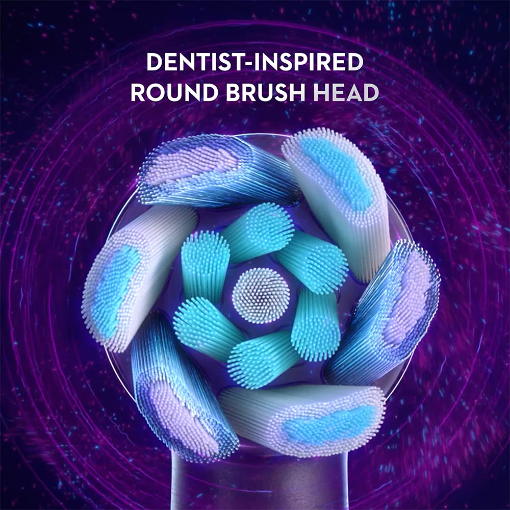Dentist inspired round brush head with teal blue bristles on purple background Oral-B iO replacement brush heads