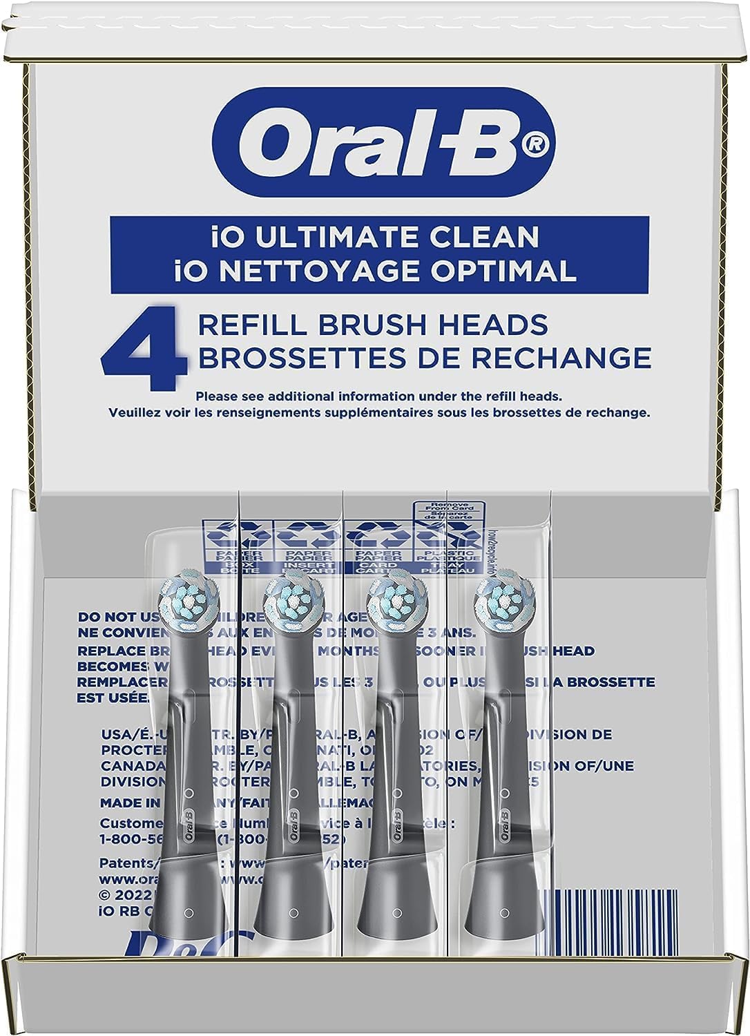 Pack of 4 Oral-B iO Series replacement brush heads. Compatible with iO electric toothbrushes and color coded rings