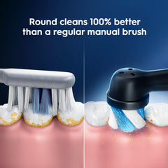 Oral-B iO Series replacement brush heads removing plaque on teeth in a side by side comparison with a manual brush