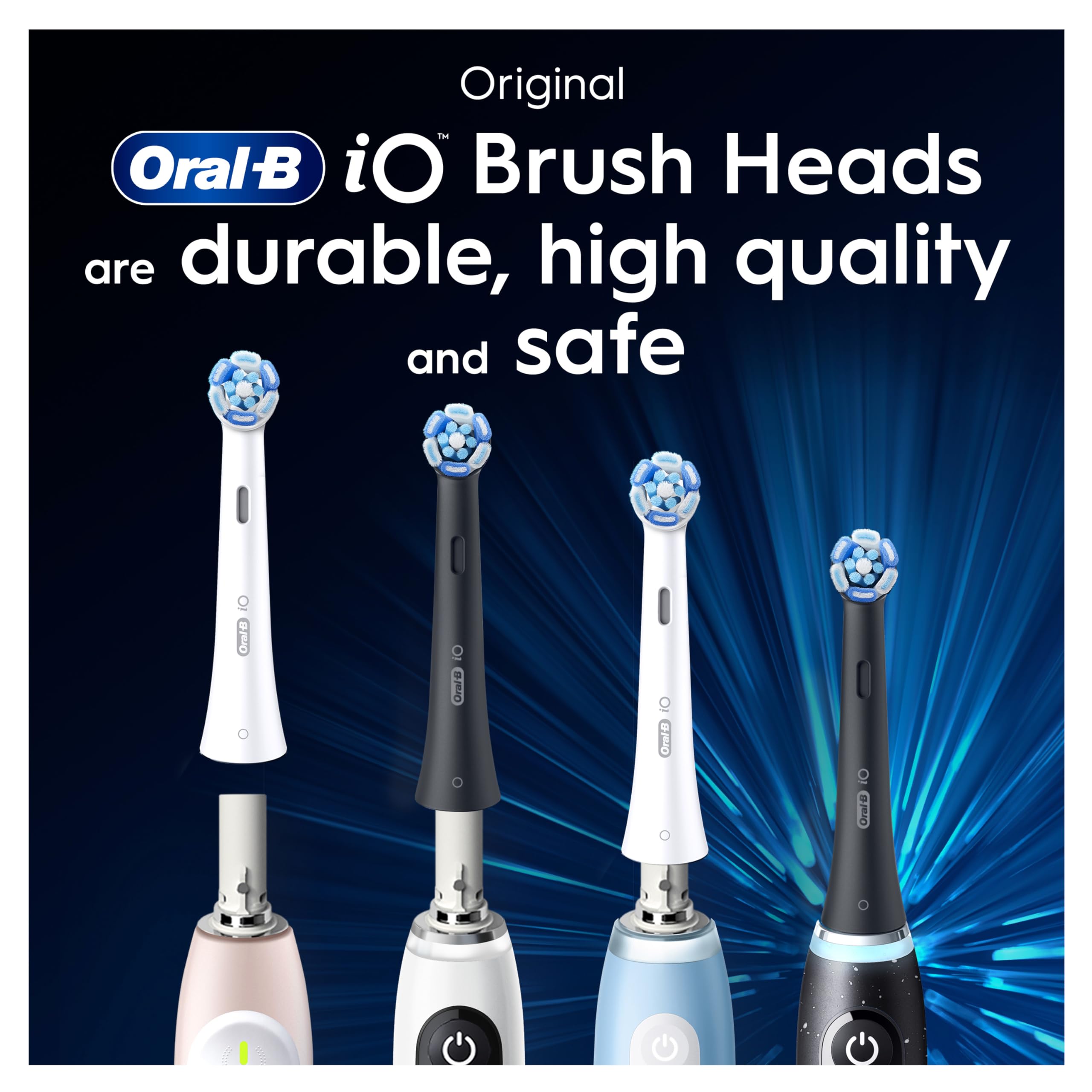 Oral-B iO Ultimate Clean toothbrush heads displayed on white and black iO handles with blue round brush tips and branding