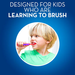 Oral-B kids toothbrush 2-4 years showing a young blond child in green shirt learning to brush with colorful toothbrush