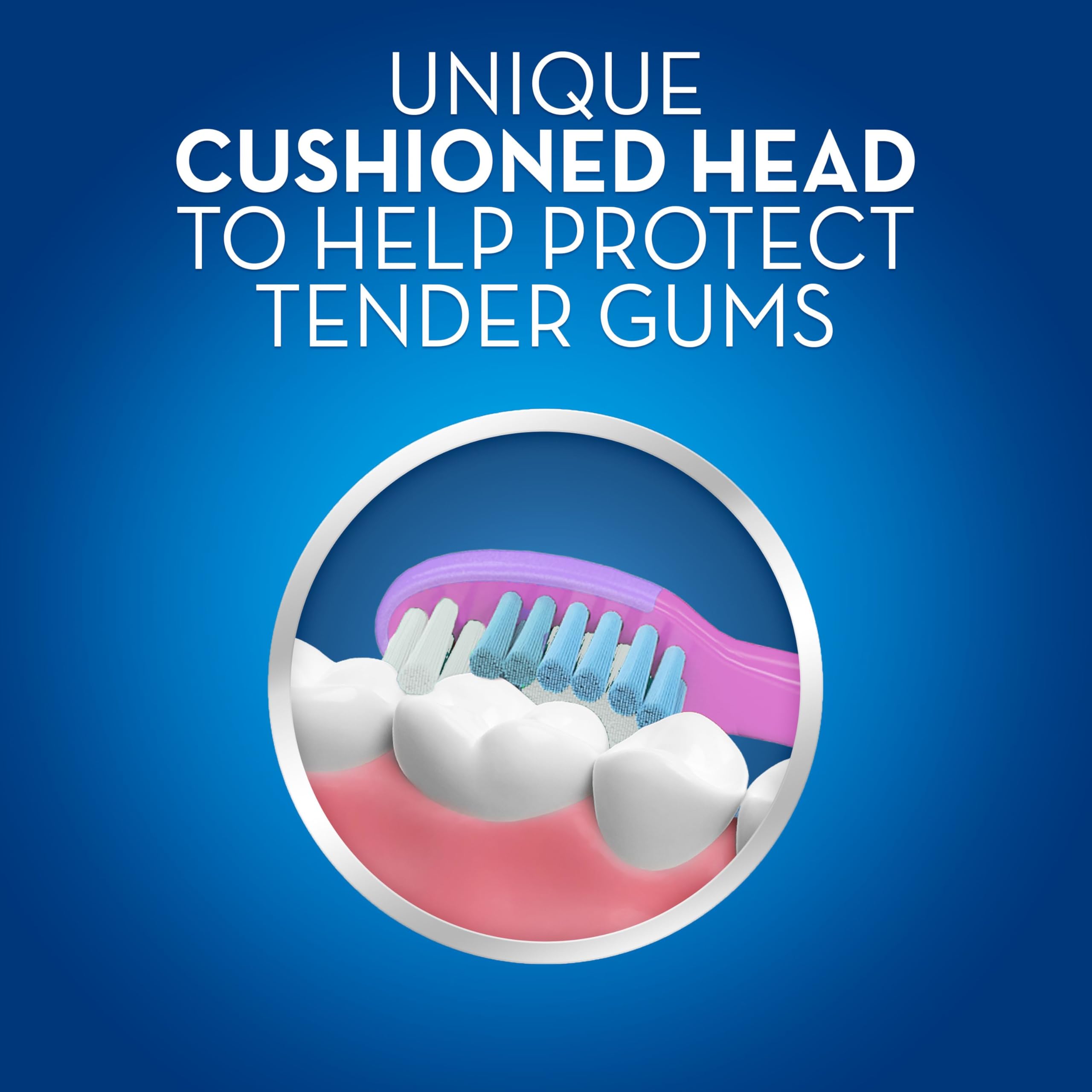 Oral-B kids toothbrush 2-4 years close up showing cushioned head gently cleaning teeth and protecting gums