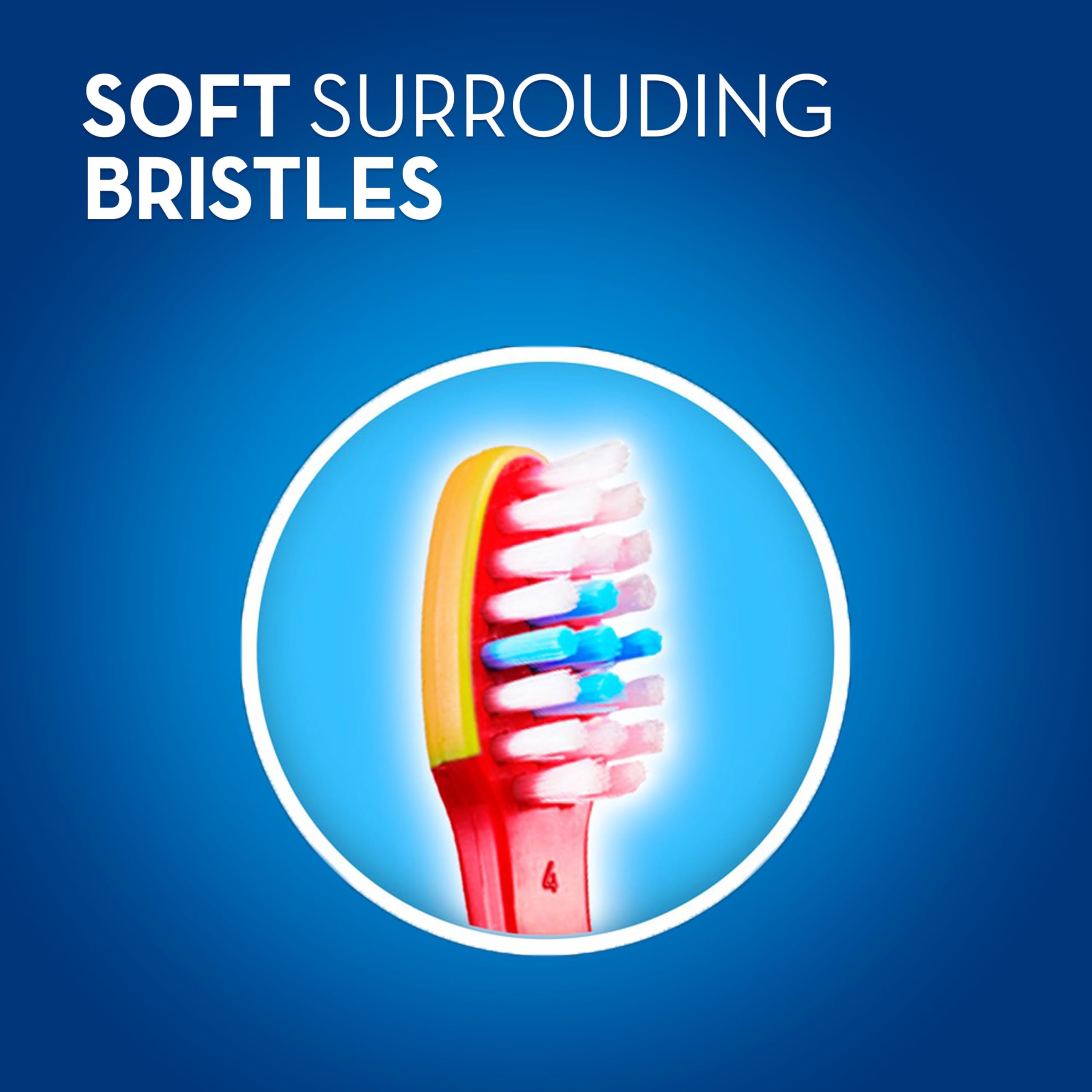 Oral-B kids toothbrush 2-4 years colorful soft surrounding bristles close up brush head with cushioned sides