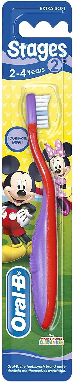 Oral-B kids toothbrush 2-4 years extra soft bristles Disney Mickey and Minnie design red purple handle packaging