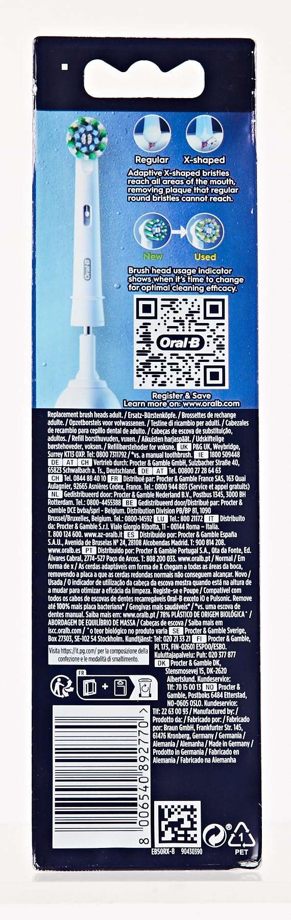 Oral-B Pro Cross Action replacement heads package back showing toothbrush head image instructions and QR code