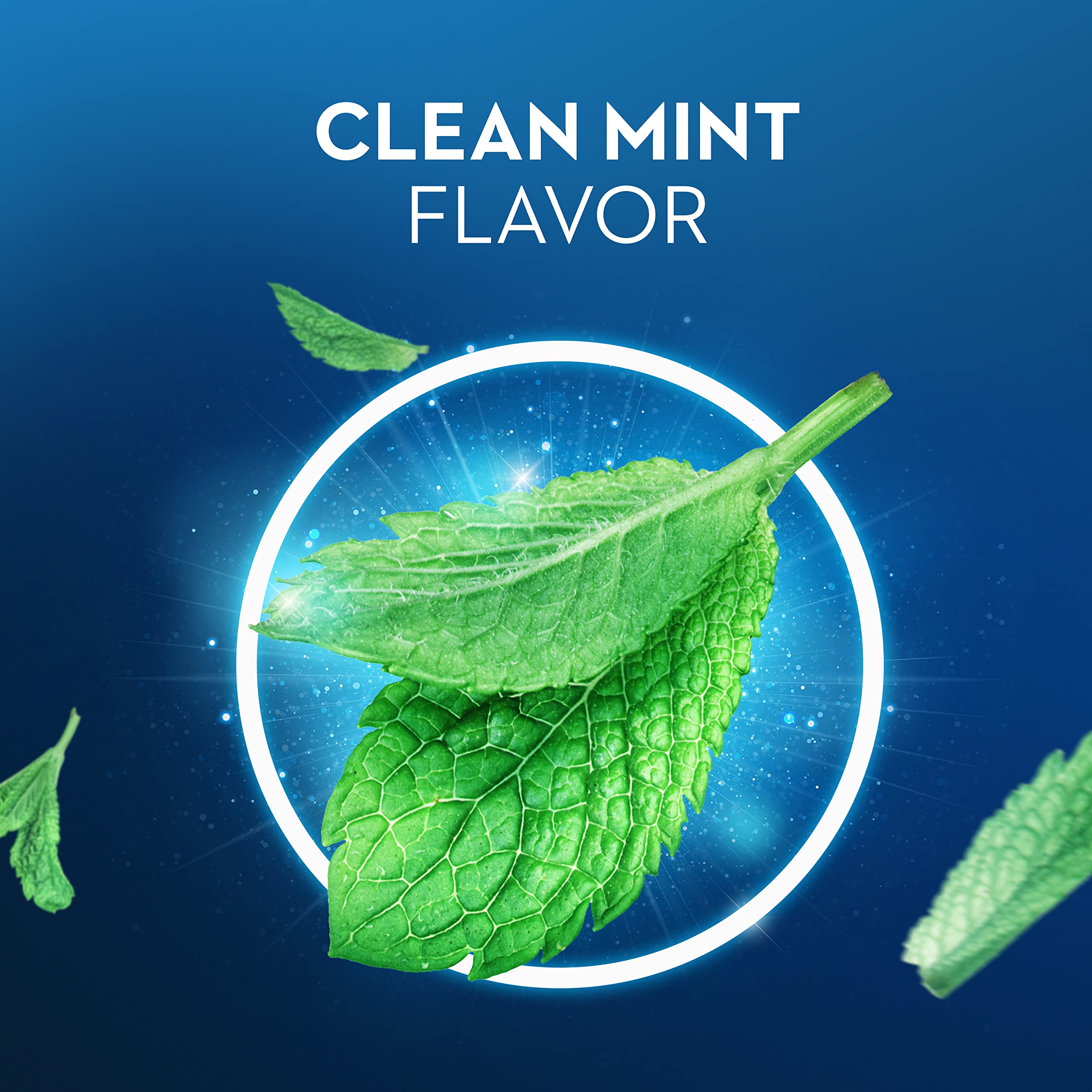 Oral-B Pro-Expert Whitening Toothpaste image of fresh mint leaves on blue background representing clean mint flavor