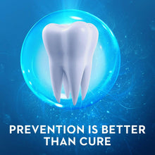 Single tooth model in a glowing bubble graphic with prevention text