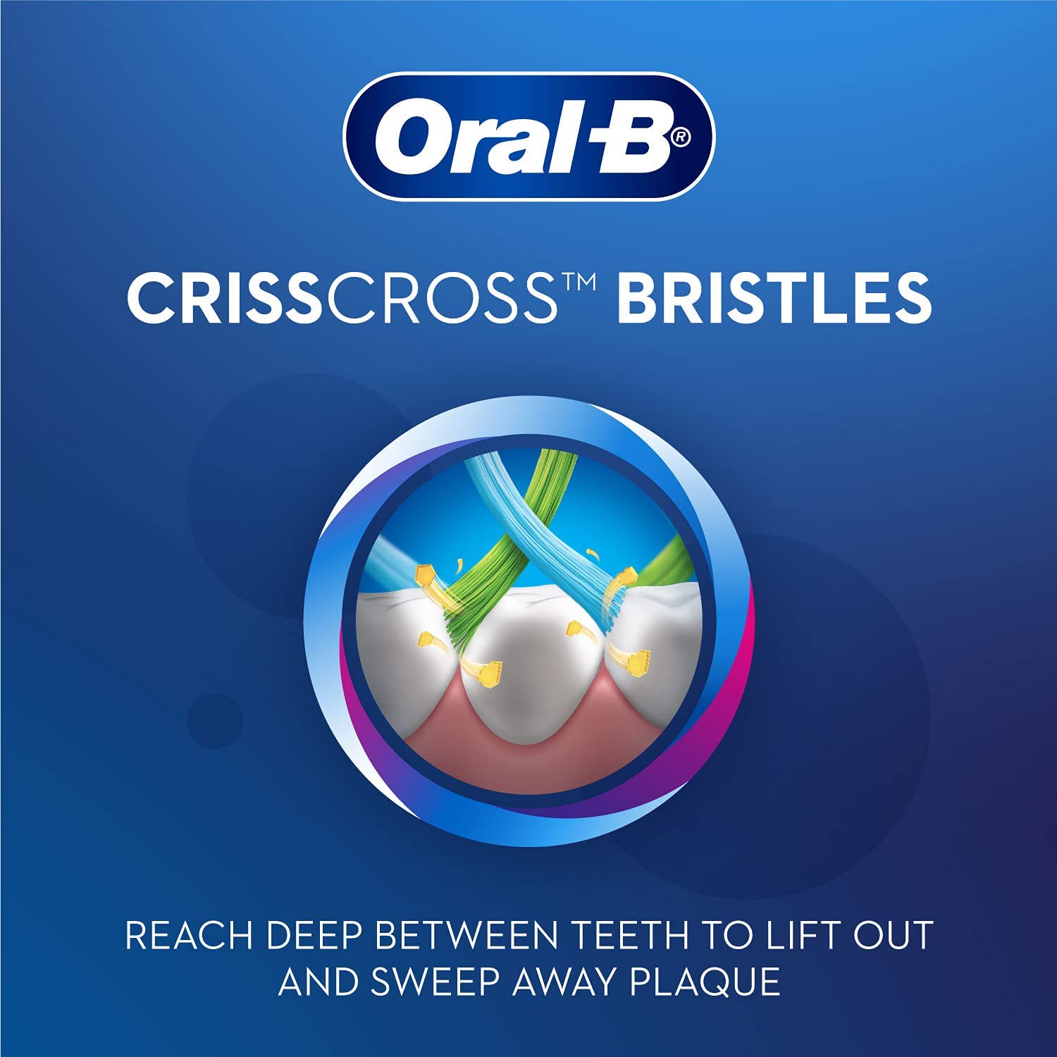 Oral B Pro Health soft toothbrush promotional image showing Oral B logo crisscross bristles cleaning teeth and removing plaque