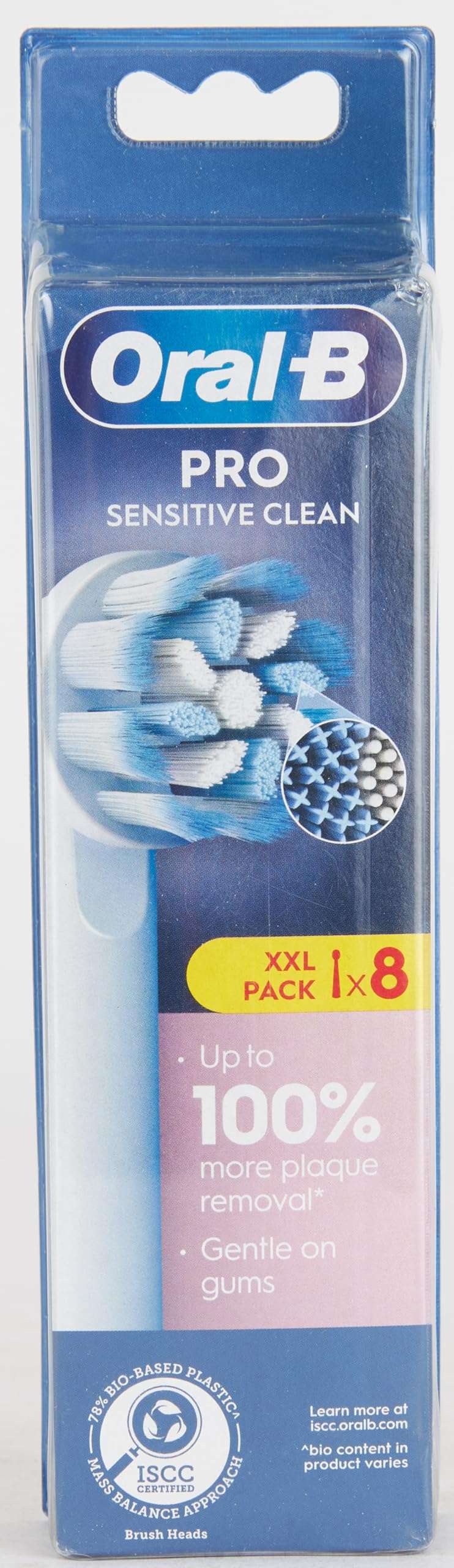 Oral-B Pro Sensitive Clean toothbrush heads XXL pack of 8 in blue blister packaging with brush head closeup