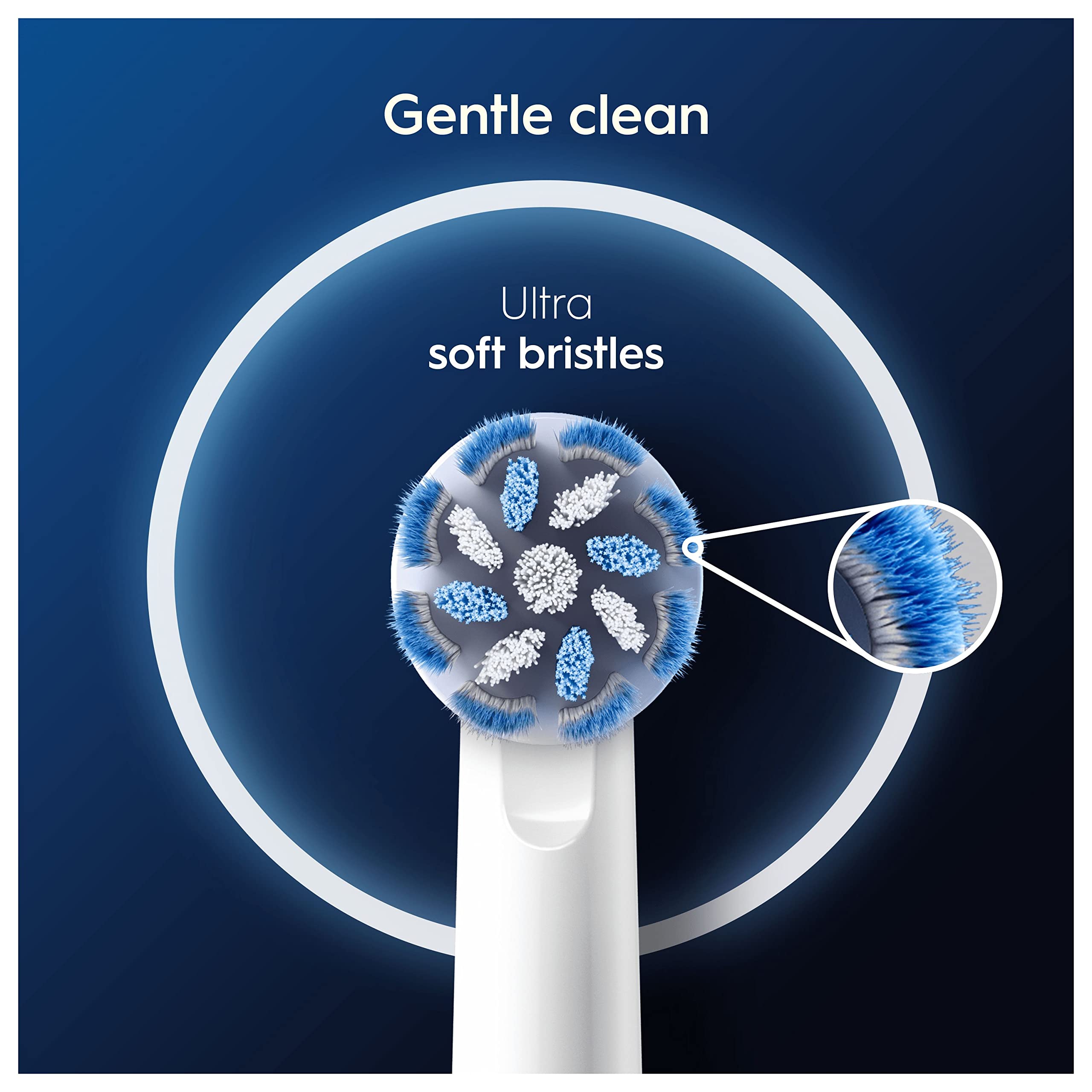 Oral-B Pro Sensitive Clean toothbrush heads round brush head with ultra soft blue and white bristles magnified