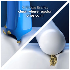 Oral-B Pro Sensitive Clean toothbrush heads X shape bristles close up removing plaque in tight spots versus round head