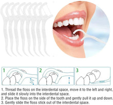 Dental floss pick with floss in mouth opening, showing between-tooth cleaning diagram